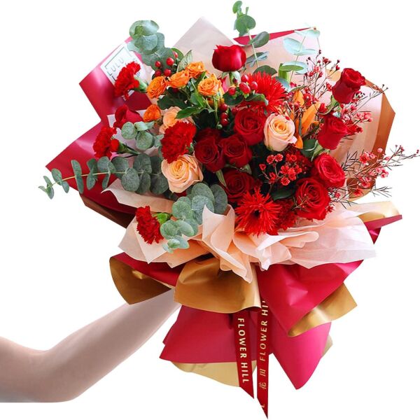 Çiçek Ambalaj Kağıdı 20li-58x58 Cm- Çift Yüzlü Mat Şeffaf Hediye Buket Sargı Kağıdı, Kırmızı & Altın