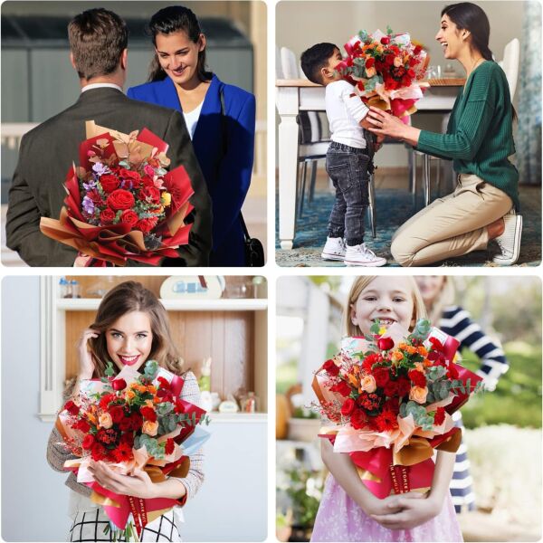 Çiçek Ambalaj Kağıdı 20li-58x58 Cm- Çift Yüzlü Mat Şeffaf Hediye Buket Sargı Kağıdı, Kırmızı & Altın