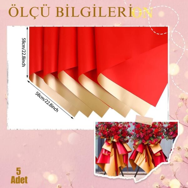 Çiçek Ambalaj Kağıdı 5li, Çift Yüzlü-Kırmızı & Altın- Mat OPP Hediye Buket Sargı Kağıdı, 58x58 Cm