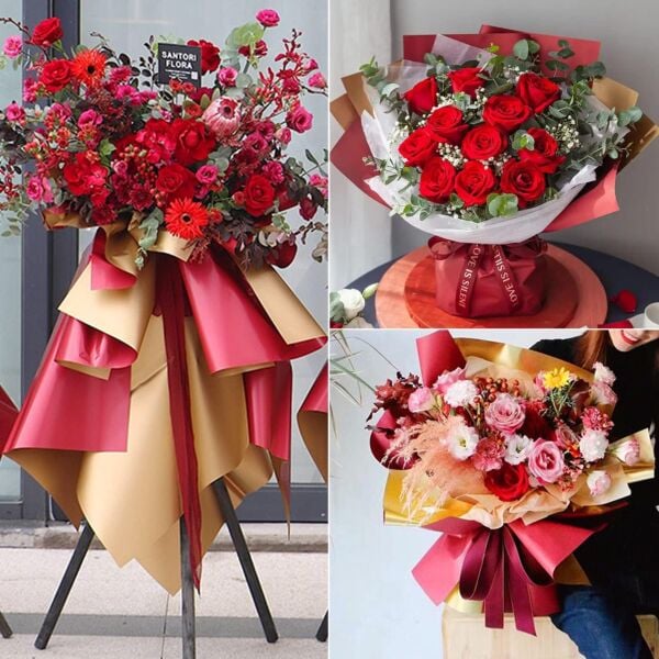 Çiçek Ambalaj Kağıdı 5li, Çift Yüzlü-Kırmızı & Altın- Mat OPP Hediye Buket Sargı Kağıdı, 58x58 Cm