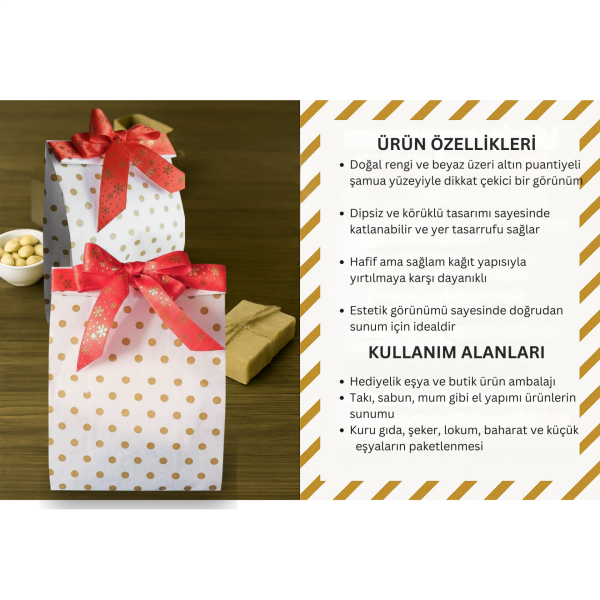 Körüklü Kraft Kese Kağıdı, Altın Puantiyeli Şamua Hediye, Ambalaj & Gıda Poşeti, 15x33 Cm, 100 Adet