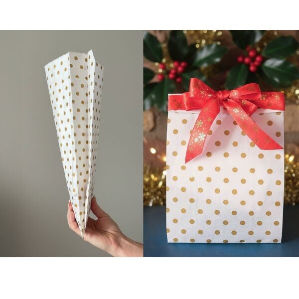 Körüklü Kraft Kese Kağıdı, Altın Puantiyeli Şamua Hediye, Ambalaj & Gıda Poşeti, 15x33 Cm, 100 Adet