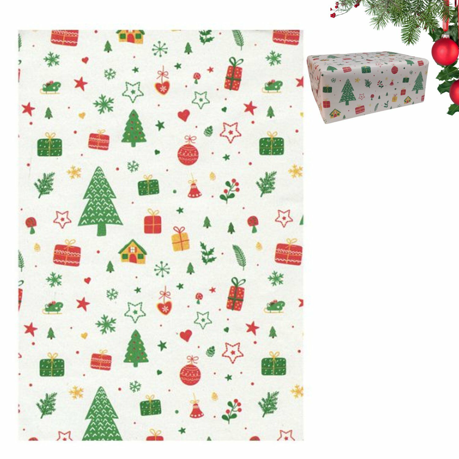 İtalyan Hediye Paketleme Kağıdı, Çam Ev Çiçek Desenli Ambalaj Kağıdı, Beyaz No:530F, 70x200 Cm