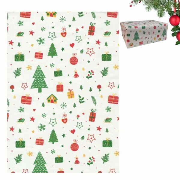 İtalyan Hediye Paketleme Kağıdı, Çam Ev Çiçek Desenli Ambalaj Kağıdı, Beyaz No:530F, 70x200 Cm