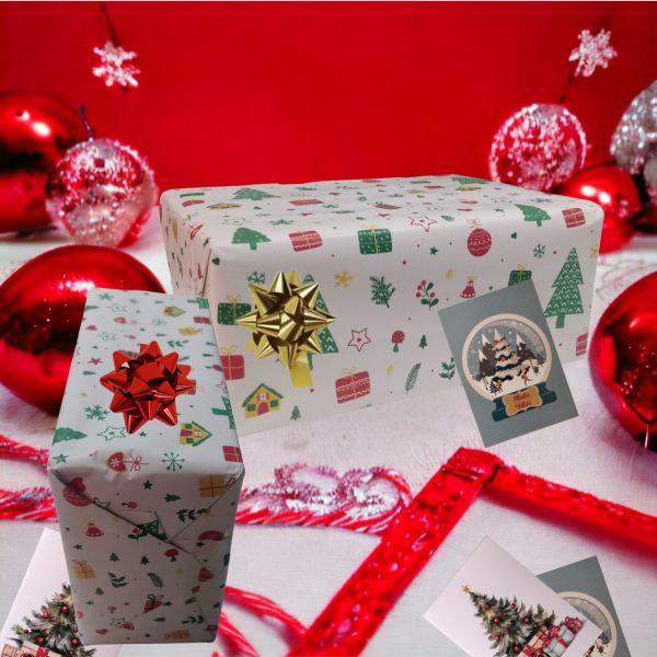 İtalyan Hediye Paketleme Kağıdı, Çam Ev Çiçek Desenli Ambalaj Kağıdı, Beyaz No:530F, 70x200 Cm