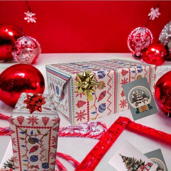 İtalyan Hediye Paketleme Kağıdı, Kar, Çam, Küre Desenli Ambalaj Kağıdı, Beyaz, No:495G, 70x200 Cm